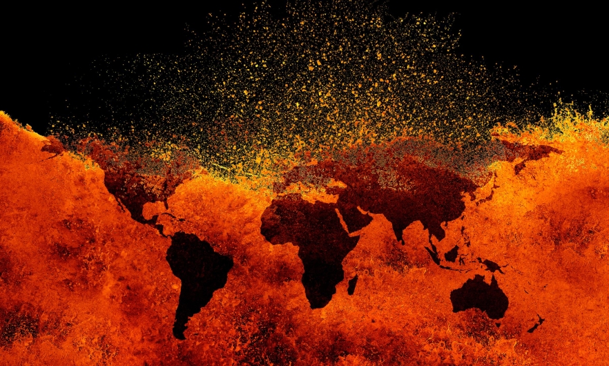 Map of the world depicted as being on fire
