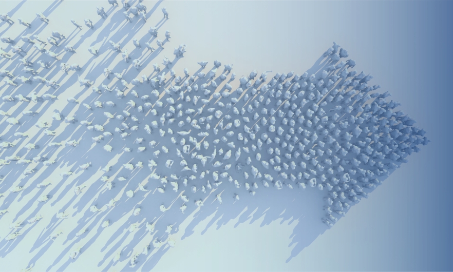 3D rendering of a crowd of people viewed overhead, gathered in the shape of an arrow pointed to the right, walking across a white floor towards an unknown area of dark blue