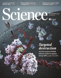 A cover of Science magazine featuring an artistic rendition of a Cascade complex targeting DNA injected into a cell by a virus; the cover headline reads Targeted Destruction