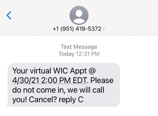 aN EXAMPLE OF WHAT PARTICIPANTS RECEIVE VIA TEXT MESSAGE CONFIRMING THEIR APPOINTMENT AT CHA-WIC