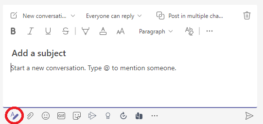 To add a subject line and other formats to a Microsoft Teams conversation, click the format button.