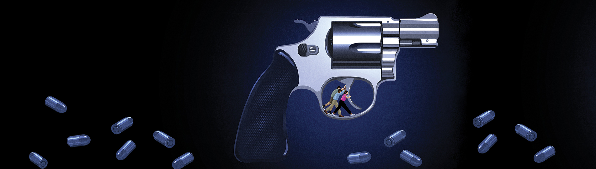Illustration of people holding back gun trigger.