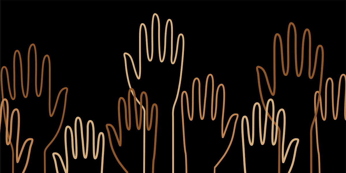Thematic illustration of hands raised in the air.