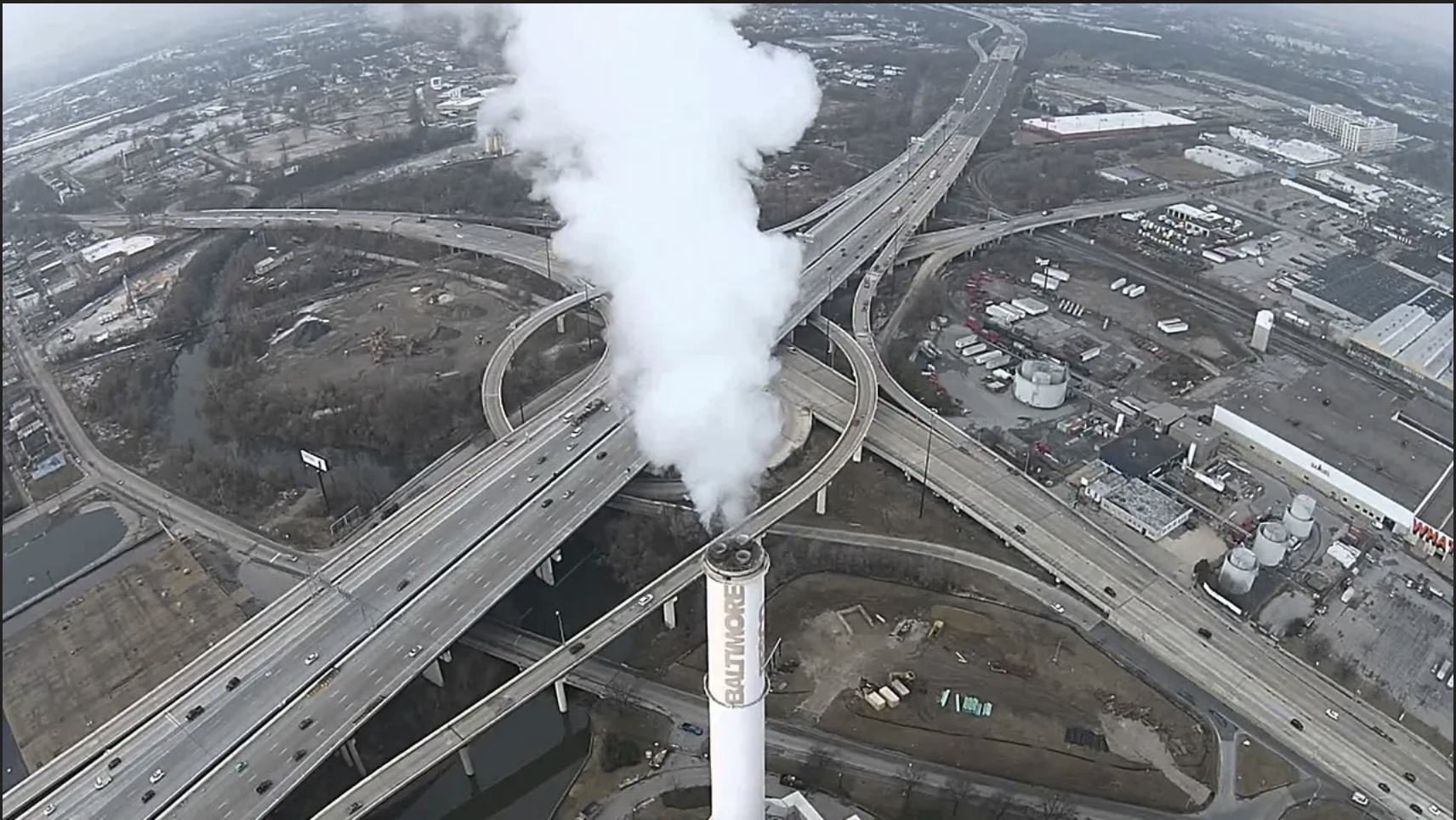Aerial view of smokestack in Baltimore City