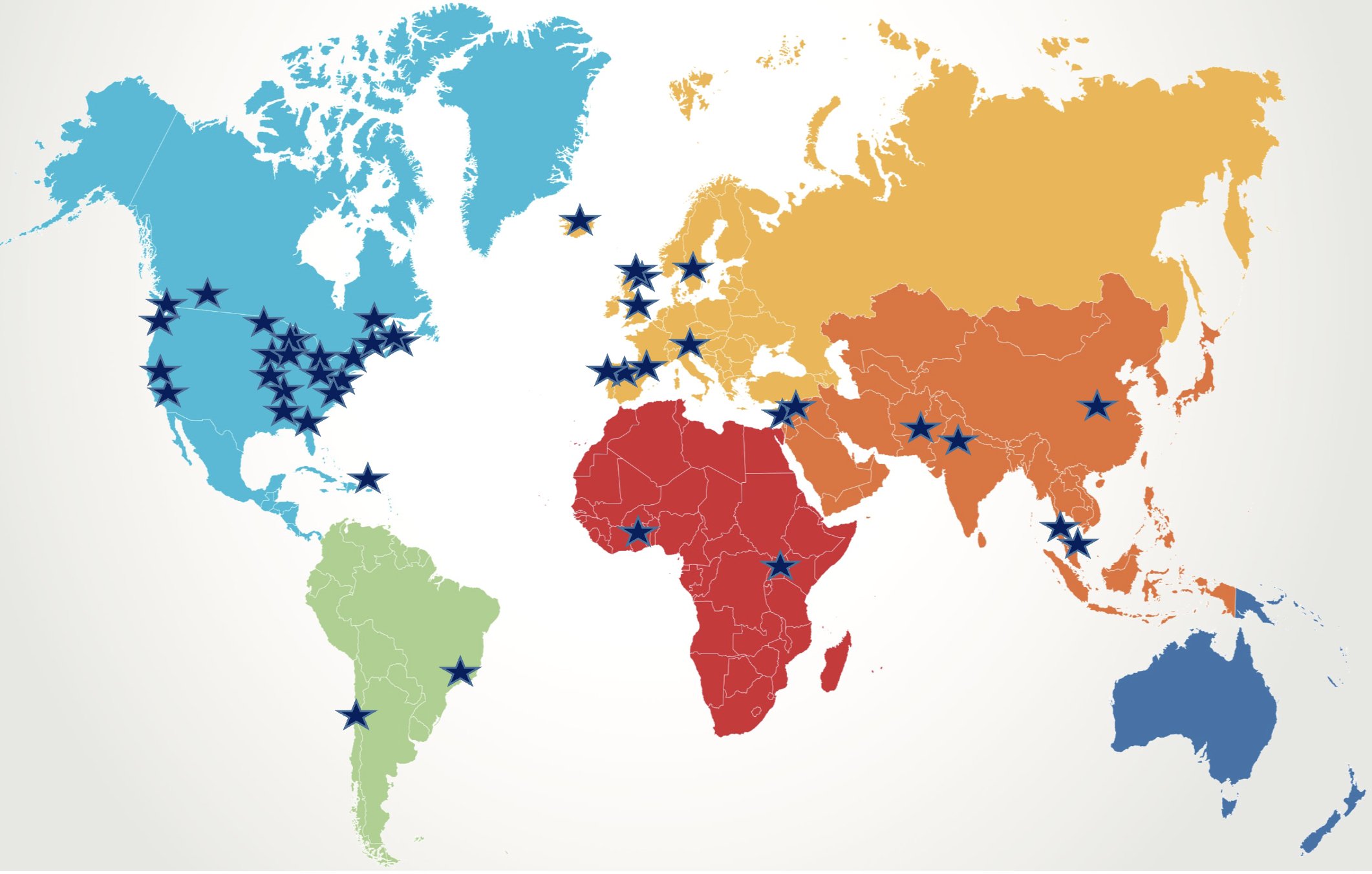 Global map using star icons to denote where the partner schools are located in the R3ISE Network.