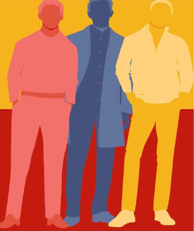 outline drawing of three people in red, blue, and yellow colors