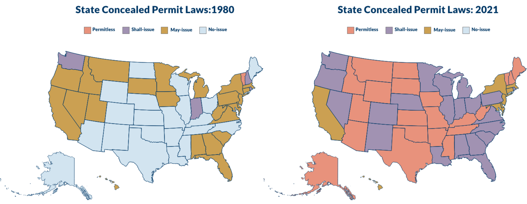 Map of states that have state concealed permit laws in 1980 vs 2021