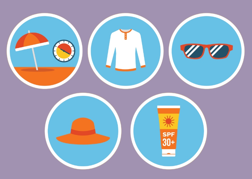 Illustrated sun safety gear: sunglasses, sunscreen, wide brimmed hat, long-sleeve shirt, and umbrella