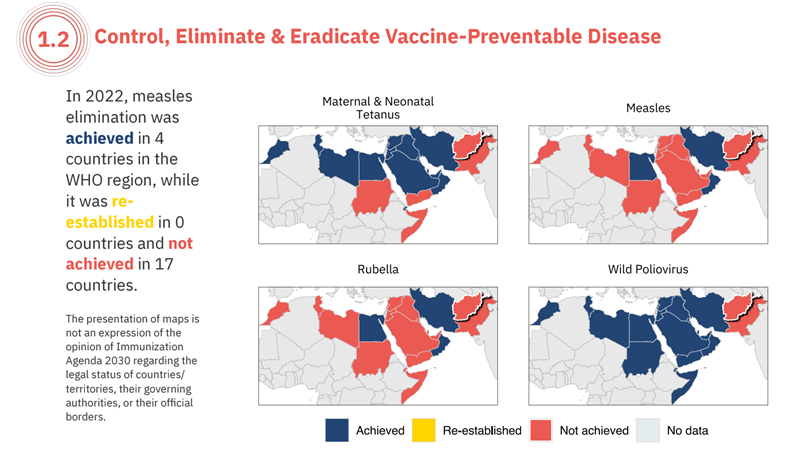 Maps showing where measles elimination was achieved in 4 countries in the WHO region