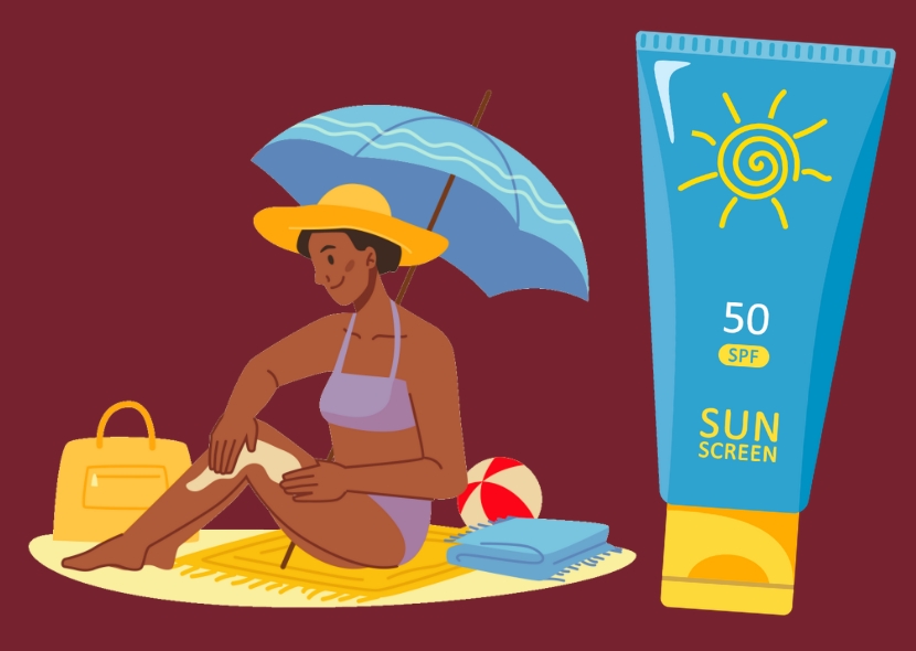 Illustration of person applying sunscreen under beach umbrella