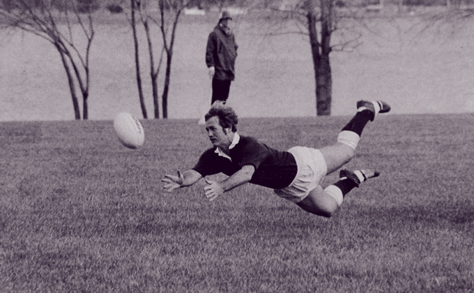 Alumnus Richard Windsor playing rugby in 1976