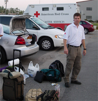 Kellogg Schwab unloads gear at Red Cross shelter