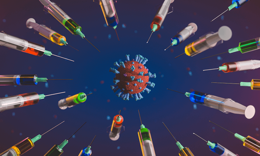 Graphic of a coronavirus surrounded by syringes