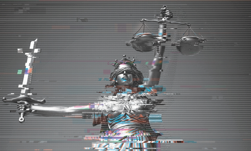 A photograph of a statue holding scales and a sword, overlaid by a filter of binary numbers.
