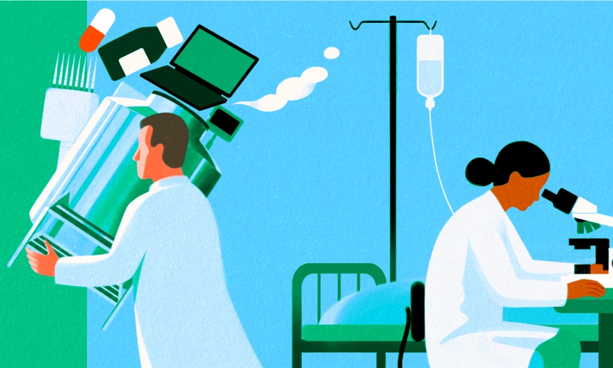 An illustration of two scientists. One is sitting at a desk looking into a microscope. The other is walking away with their arms full of lab equipment.