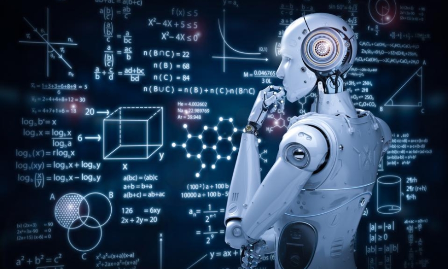 robot looking at formulas, artificial intelligence