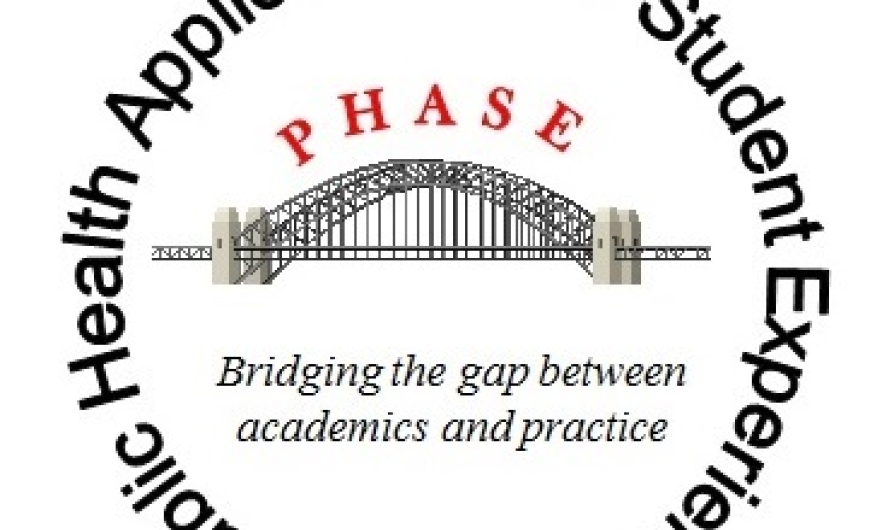 "Public Health Applications for Student Experience" rapped in a circle around a bridge with with words "Bridging the gap between academics and practice" 