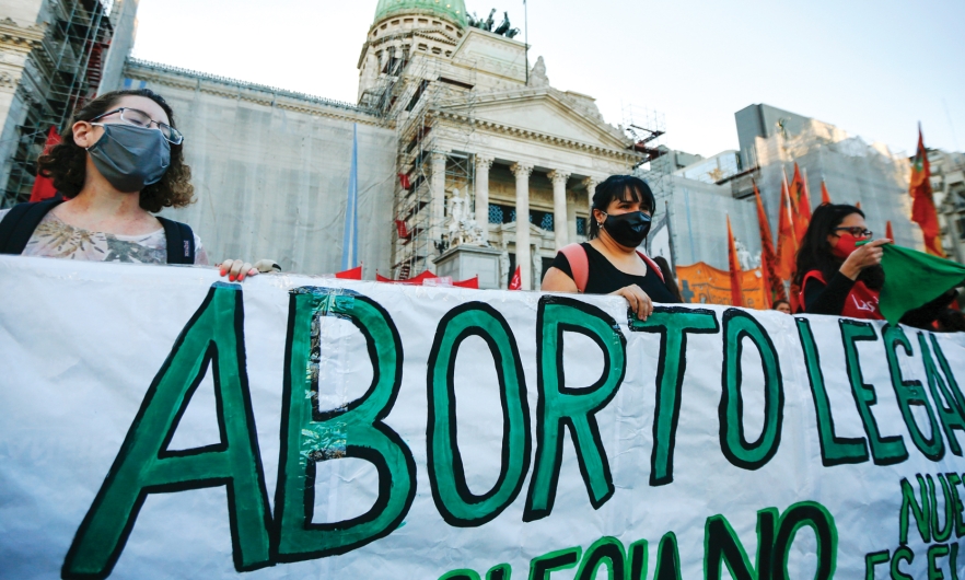 Argentine demonstrators voice support for the decriminalization of abortion outside the National Congress building on September 28, 2020, in Buenos Aires.