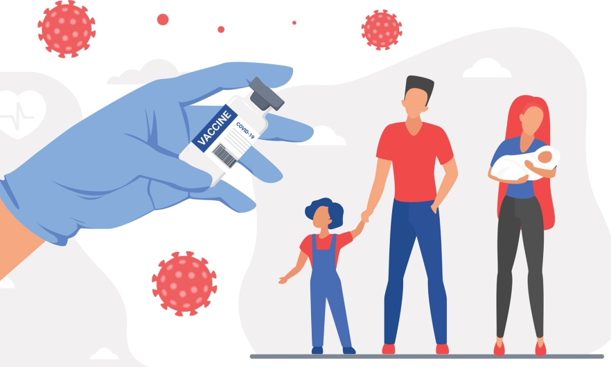 Graphic with a family and covid virus floating around with hand holding vaccine vial