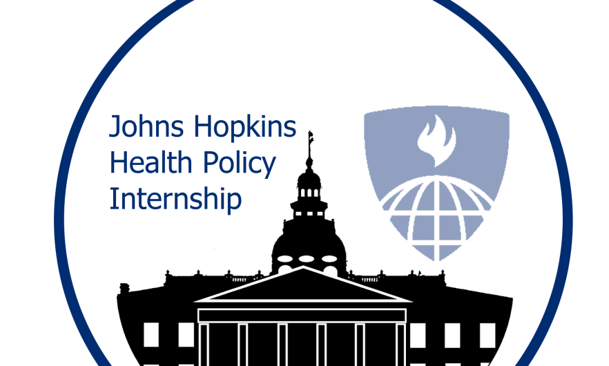 Blue circle around the silhouette of the Maryland State House with the words " Johns Hopkins Health Policy Internship" above on the left and the BSPH shield above on the right