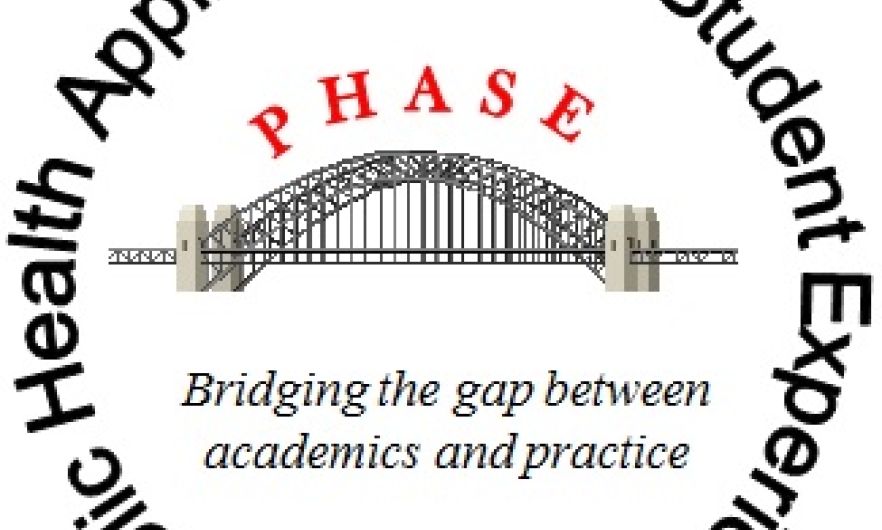 Text in a circle reading "Public Health Applications for Student Experience" around a bridge with the text "PHASE" over it and "Bridging the gap between academics and practice" underneath 