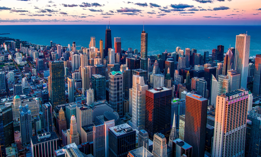 Chicago skyline showing Lake Michigan