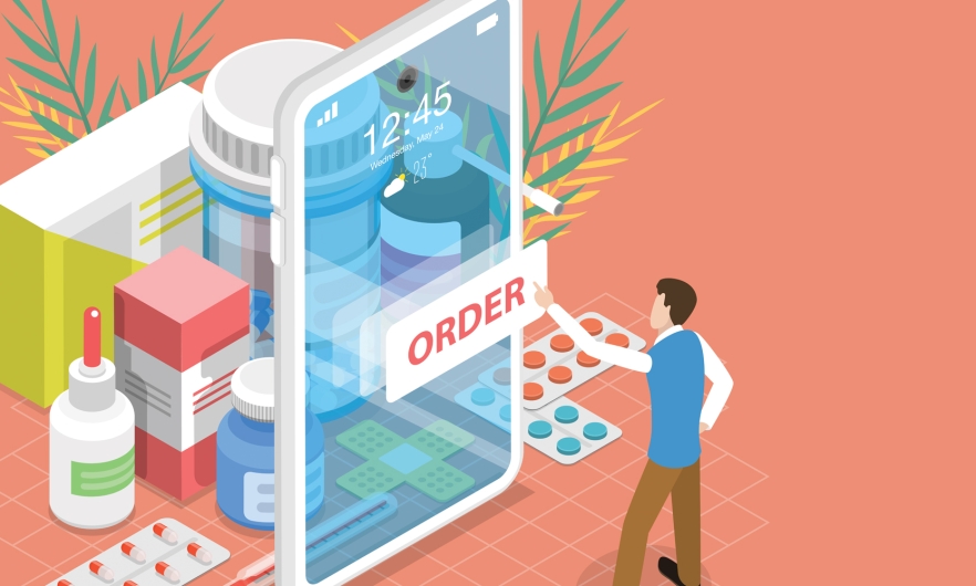 An illustration of a man buying medications using his Iphone.