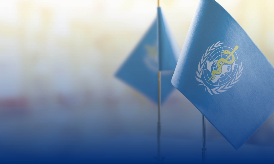 Blue flag for the World Health Organization on a blurry background