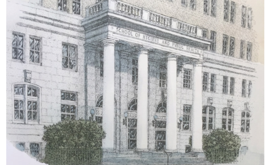 A sketch of the Bloomberg School by the Maryland artist Martin Barry. The front of the building, which was completed in 1926,  reads School of Hygiene and Public Health 