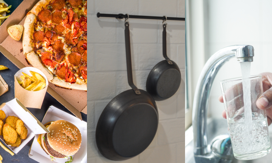 A collage of images, featuring fast food in packaging, nonstick pans, and a person getting a glass of water from a kitchen sink.