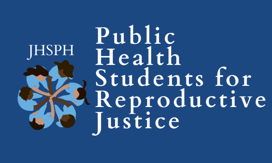 On the left, there is an animated photo of six individuals hand-in-hand in a circle. On the right are the words "Public Health Students for Reproductive Justice"