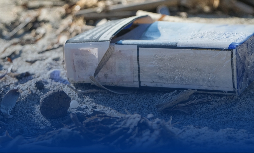 Cigarette packaging litter on a sandy beach