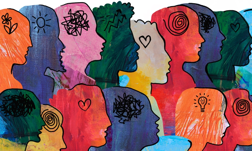 Illustration of a large group of diverse people with different emotional/mental states and thoughts.