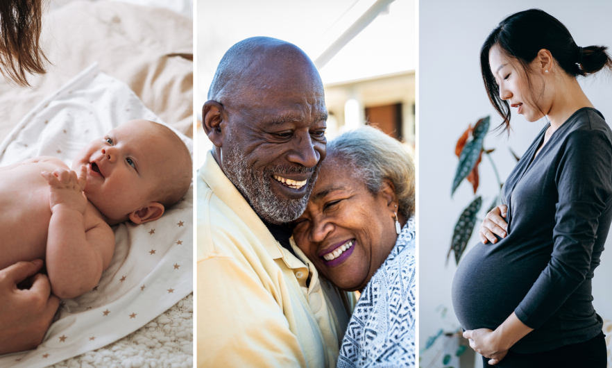 A collage of three photographs. The first is baby, laying on a blanket. The second is two older adults that are married. The third is a woman, holding her pregnant belly.