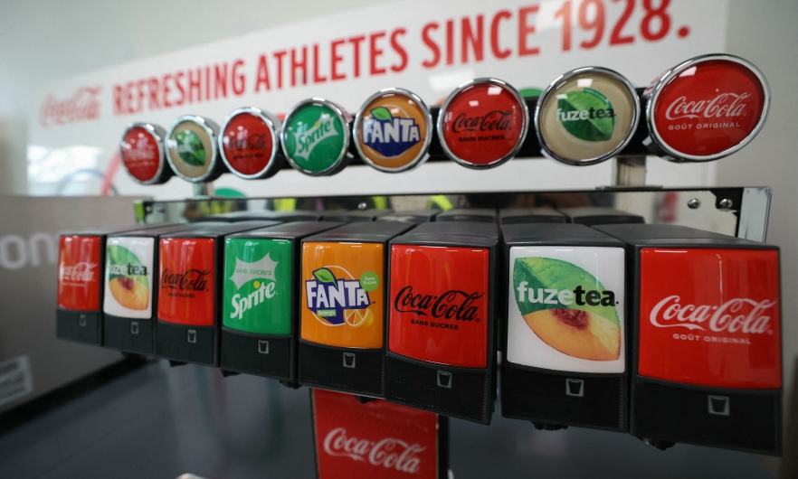 A soft drinks dispenser at the Olympic village where some athletes will be housed at Saint-Denis, a northern suburb of Paris. July 2, 2024. 