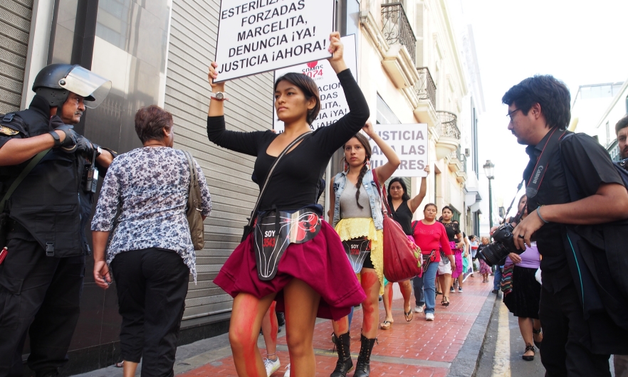 Young women from the activists group “We are 2074” marching to demand justice for indigenous women who were forcibly sterilized decades ago. May 10, 2016, Lima, Peru. 