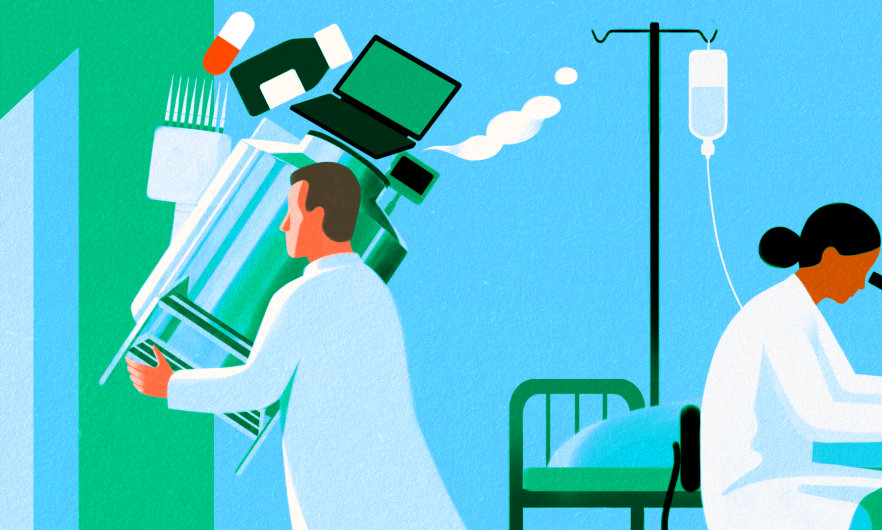An illustration of two scientists. One is sitting at a desk and the other is walking away with an armful of laboratory equipment. 