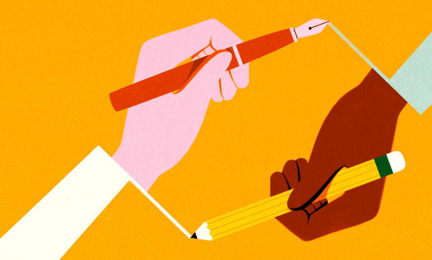 An illustration of two hands with pencils facing opposite directions.