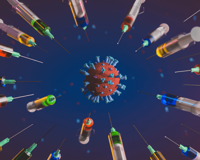 Graphic of a coronavirus surrounded by syringes