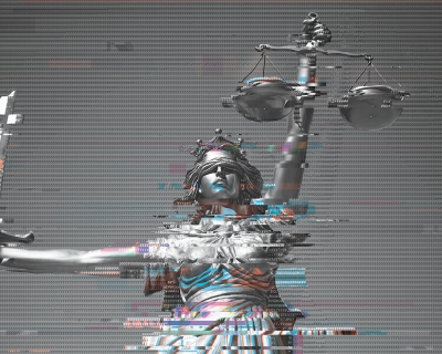 A photograph of a statue holding scales and a sword, overlaid by a filter of binary numbers.