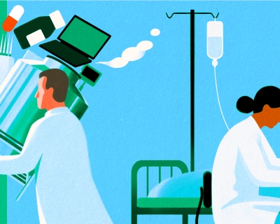 An illustration of two scientists. One is sitting at a desk looking into a microscope. The other is walking away with their arms full of lab equipment.