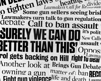 Collage of newspaper gun violence headlines prominently featuring one that says 'surely we can do better than this'
