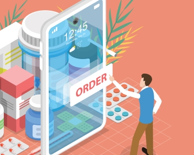 An illustration of a man buying medications using his Iphone.