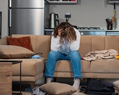 Person sitting on the couch looking frustrated with their head down and hands through their hair.
