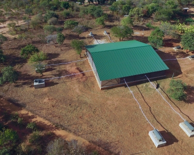 An overhead view of the research facility in Zambia used by Conor McMeniman and his team to study mosquitoes attraction to human scent.