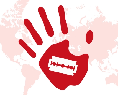 A graphic of red hand with a razor blade in its center, over a map of the world.