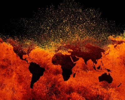 Map of the world depicted as being on fire