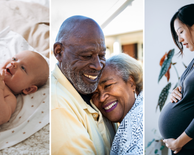 A collage of three photographs. The first is baby, laying on a blanket. The second is two older adults that are married. The third is a woman, holding her pregnant belly.