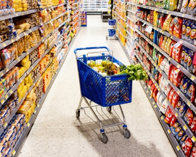 photo of a shopping cart in a grocery store