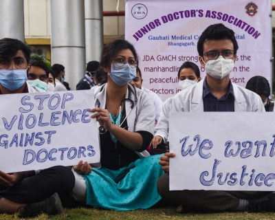 Junior doctors protesting violence against doctors in Delhi, Gauhati Medical College Hospital in Guwahati, Assam, India. December 29, 2021.